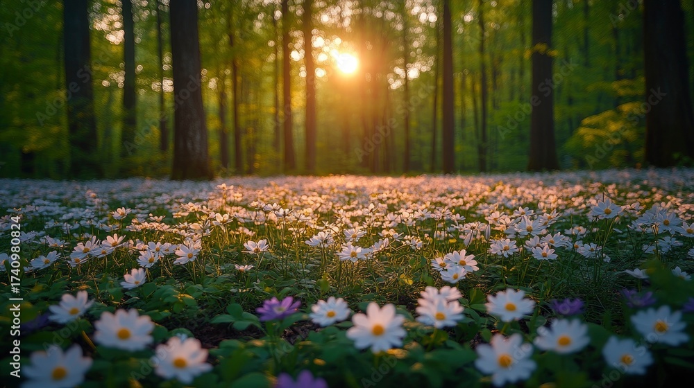 Obraz premium Blooming Wildflowers in a Sunlit Spring Forest