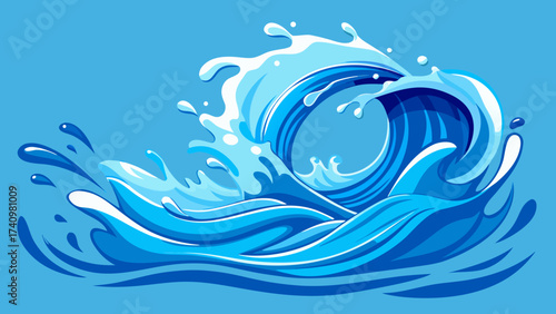 Dynamic blue ocean wave crashing with splashing water droplets