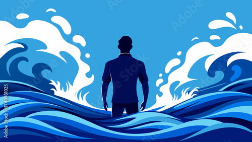 Man in silhouette standing in rough ocean waves