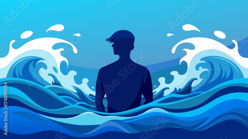 Silhouette of a person standing in turbulent blue ocean waves