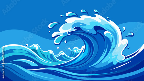 Dynamic blue ocean wave crashing with water splashes and foam