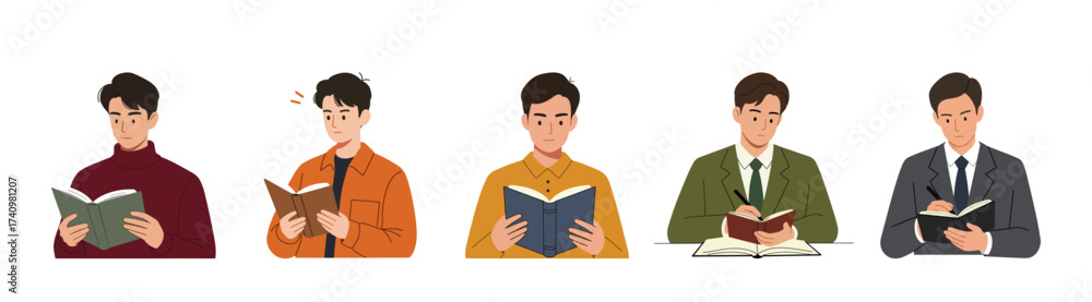 Obraz premium Readers in Diverse Styles A Collection of Men Immersed in Books
