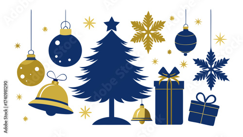 Christmas ornaments tree gifts snowflakes bells stars festive design