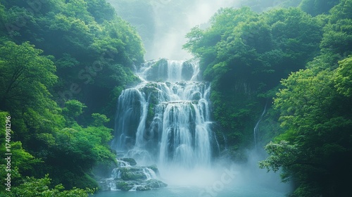 Tranquil Waterfall in Forested Ravine Surrounded by Lush Greenery