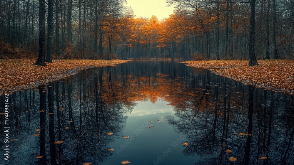 Obraz premium Tranquil Forest Lake with Perfect Reflection of Autumn Trees