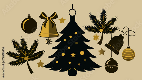 Christmas tree ornaments bells snowflakes and stars on a beige background