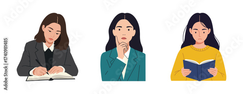 Illustration of a young woman studying, thinking, and reading a book