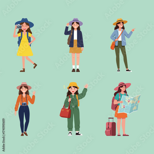 A vibrant collection of illustrated young women travelers ready for a vacation