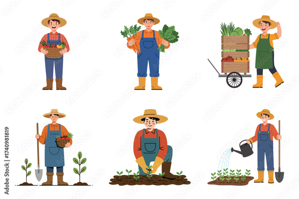 Obraz premium Farmer character set showing planting, watering, and harvesting fresh produce