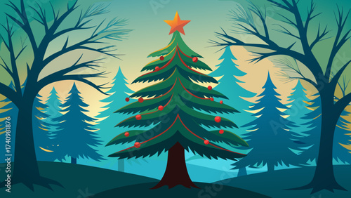 Stylized christmas tree in a snowy forest with star and ornaments