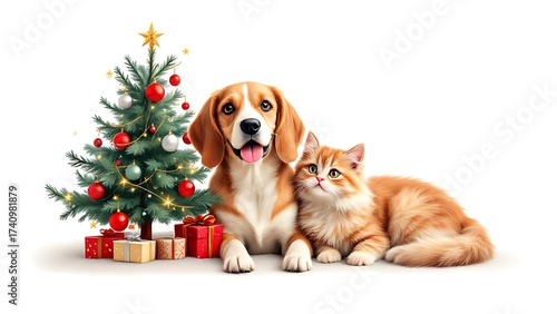 Cute christmas pets dog and cat with christmas tree and gifts holiday season festive celebration on transparent background