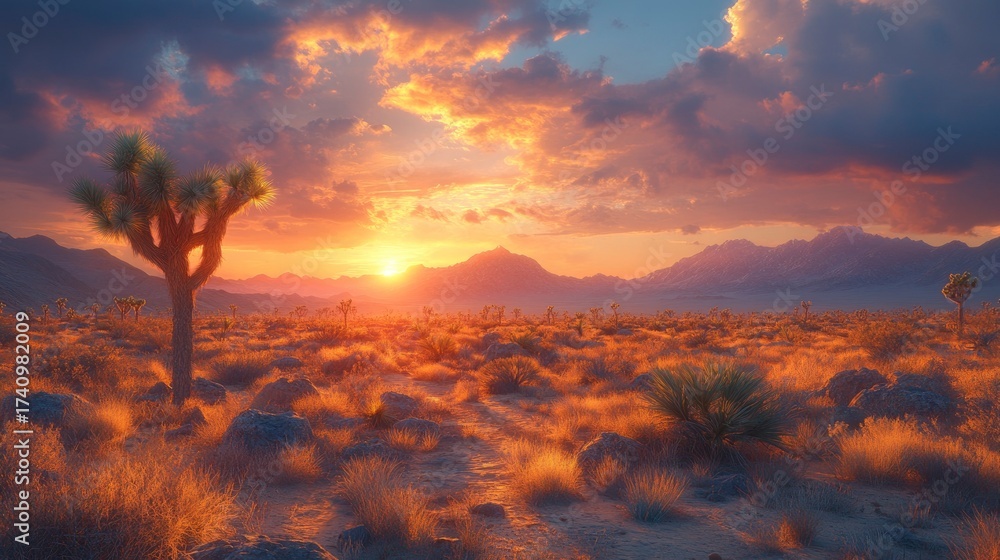 Fototapeta premium Sunset Over Desert Landscape with Joshua Trees and Dramatic Skies