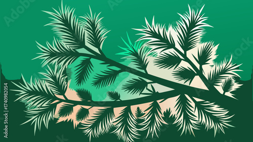 Stylized evergreen tree branch with pine needles against a teal background