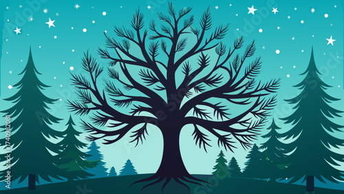 Silhouette of a bare tree against a starry night sky with pine trees