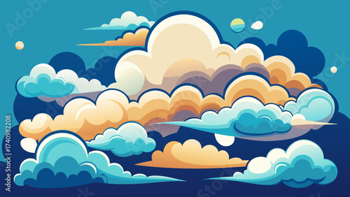 Stylized abstract clouds in warm and cool tones against a deep blue sky