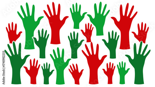 Many raised hands in red and green colors