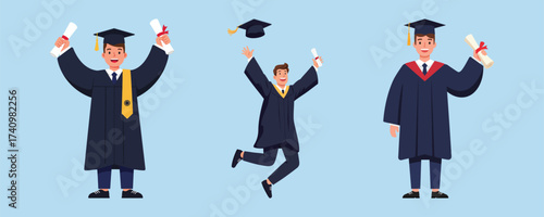 Graduation celebration Happy graduates in caps and gowns with diplomas