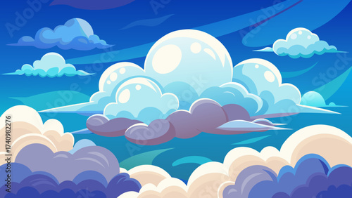 Stylized cartoon clouds in a vibrant blue sky