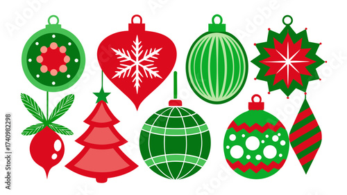 Retro christmas ornaments and decorations in red and green