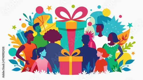Diverse group of people celebrating around colorful gifts and festive decorations