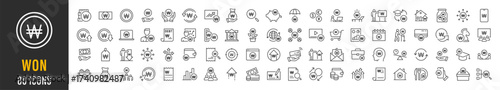 Won web icon set. Payment, banknotes, exchange, price, cash, coins, bank, earning, money bag, finance, shop, income, piggy, invest, business, pack. Vector illustration collection.