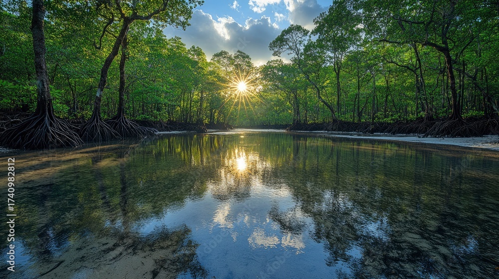 Fototapeta premium Mangrove Forest at Low Tide Exposing Roots Under Bright Sunlight