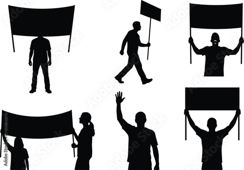 Protest silhouette, activist crowd, people holding banners, demonstration signs, political rally, human rights march, strike movement, social justice, activism, freedom