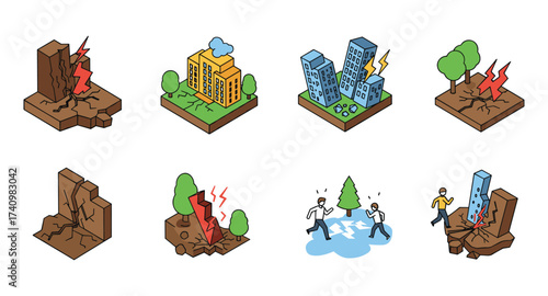 Isometric earthquake concepts with buildings and cracked ground icons