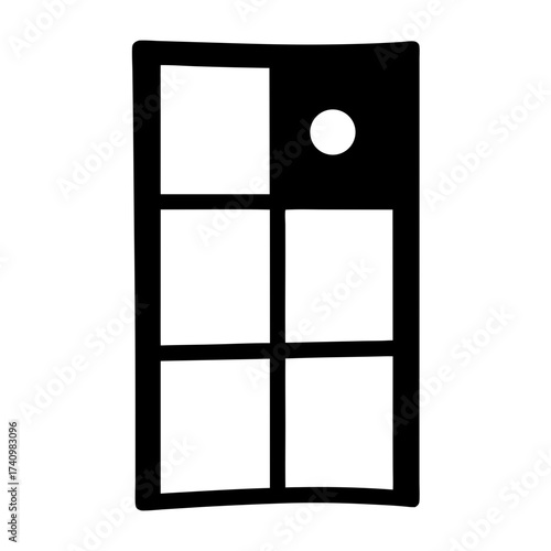 Stylized silhouette of a room with a door knob and window panes