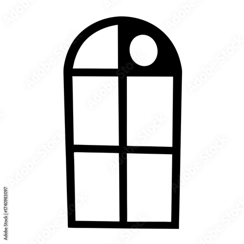 Illustration of a minimalist, black and white arched window with four panes