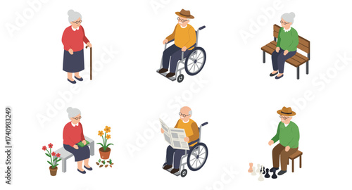 Elderly activities: isometric seniors engaging in various leisure pursuits