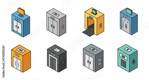 Diverse isometric elevator designs in various colors and styles