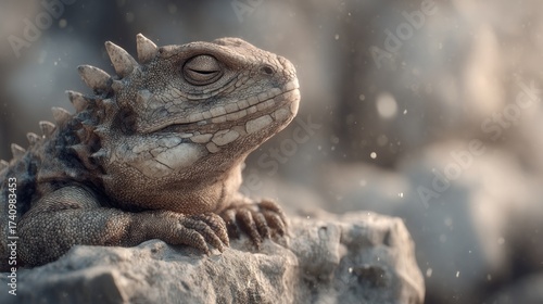 Peaceful reptile basks on a stone, dreaming, illuminated by gentle sunlight
