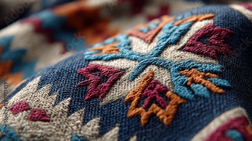 Detailed Embroidered Fabric with a Vibrant Southwest-Inspired Pattern Design