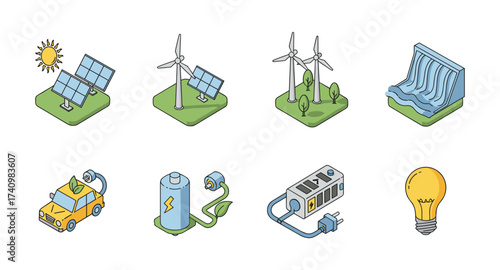Renewable energy icons featuring solar panels, wind turbines, hydroelectric dam, eco car, and more in isometric style