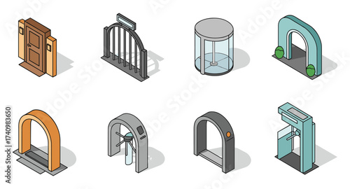 Diverse isometric doorways and entrances: arches, gates, and revolving doors collection