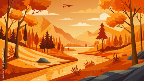 Vibrant autumn landscape with river and mountains in warm orange hues