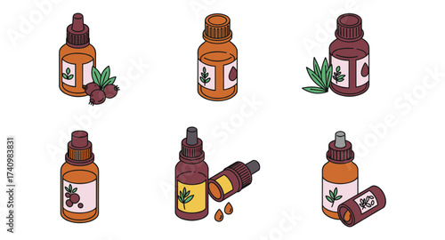 Essential oil bottles with botanical elements in isometric design