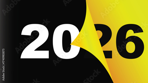 The year 2026 is revealed from a black background with a yellow peel effect 2026