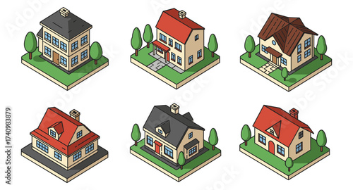 Isometric residential house set with diverse roof styles and landscapes