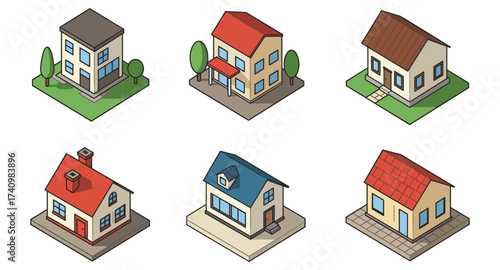 Colorful isometric houses collection with various roof styles and designs