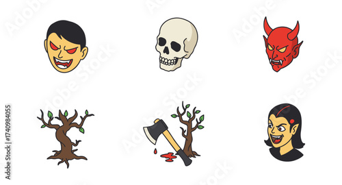 Cartoon halloween icons: vampires, skull, devil, haunted trees, and axe