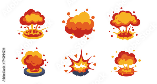Cartoon style explosions set: six variations in fiery colors