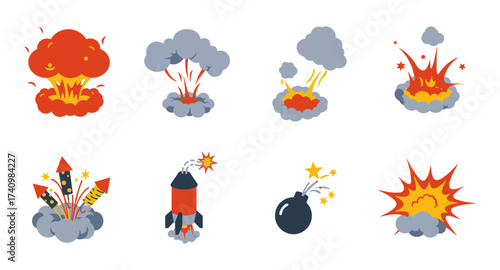 Colorful explosion icons set with fireworks, rockets, and bombs on white background