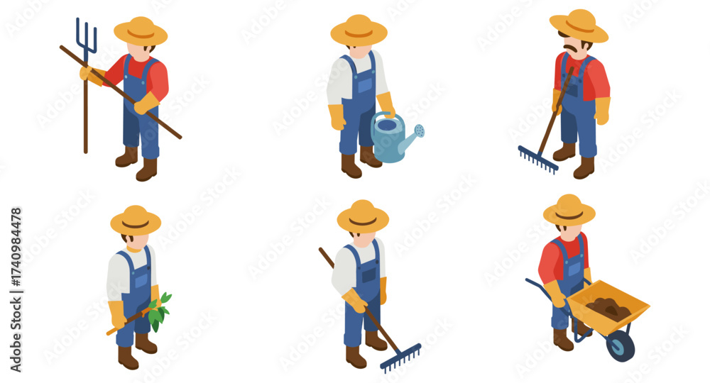 Obraz premium Isometric farmer set with gardening tools and equipment in different poses