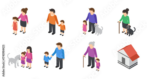 Isometric family set with pets and home elements