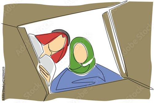 Single continuous line drawing an arab man and an arab woman open a cardboard box. A couple who really likes surprises. Surprise on holidays. Pleasant. Surprise. One line design vector illustration