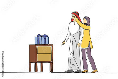 Continuous one line drawing an arab woman standing behind an arab man covering his eyes. A marriage that will always be happy. A happy surprise. Surprise. Single line draw design vector illustration