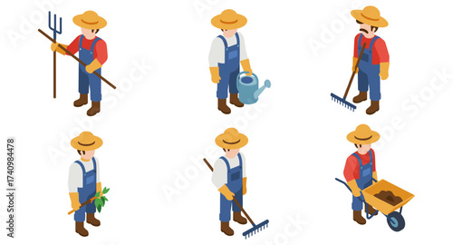 Isometric farmer set with gardening tools and equipment in different poses