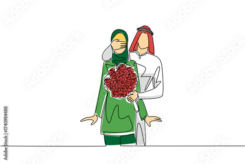 Single continuous line drawing an arab man standing behind an arab woman while covering her eyes with his hands. Surprises every day. Happiness together. Surprise. One line design vector illustration